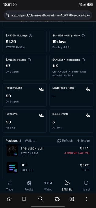 A mobile screenshot of the Bullpen app showing a $ANSEM claim page with $1.29 holdings, 19 days held, $7 volume, and positions showing losses of -42.7% on $ANSEM.