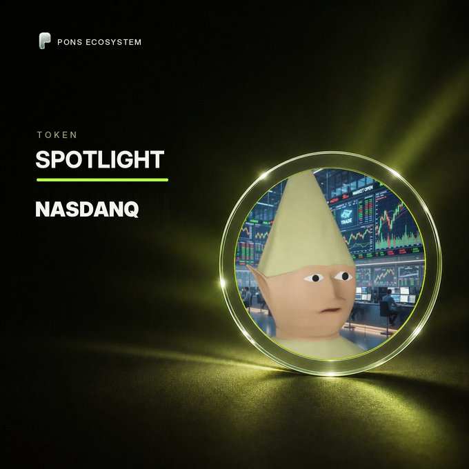 A promotional graphic for 'Pons Ecosystem' features 'TOKEN SPOTLIGHT NASDANQ' alongside a cone-headed character inside a glowing ring, with stock charts in the background.