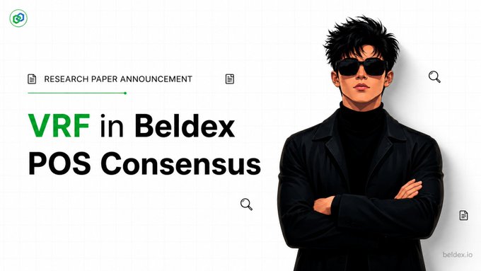 A promotional banner announcing a 'RESEARCH PAPER ANNOUNCEMENT' for 'VRF in Beldex POS Consensus' from beldex.io, featuring an illustrated character in sunglasses and a black coat on the right.