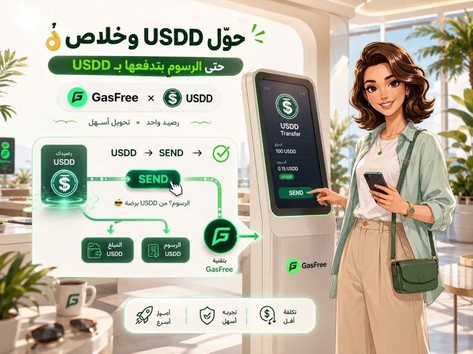 The image is a promotional graphic in Arabic and English announcing that GasFree has added USDD support, featuring a woman interacting with a smartphone displaying a "USDD Transfer" screen showing 100 USDD and 0.18 USDD fees, alongside a flowchart illustrating the seamless USDD → SEND conversion process where transaction fees are deducted directly from the USDD balance itself.