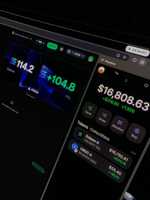 A close-up of a computer screen displaying cryptocurrency trading interfaces, showing balances for 'Solana' and 'Phantom' wallets, including prices for 'AXIOM' and 'PNL' tokens.