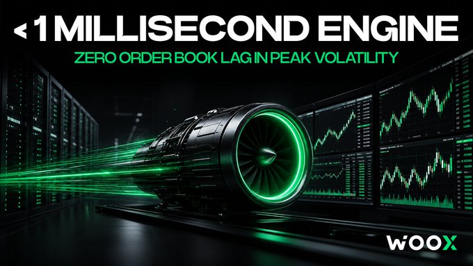 Promotional banner for WOO X highlighting a '<1 MILLISECOND ENGINE' with 'ZERO ORDER BOOK LAG IN PEAK VOLATILITY', featuring a futuristic jet engine design and green financial charts.