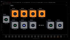 A dark software interface displaying rows of audio sample buttons with orange and blue circular icons.