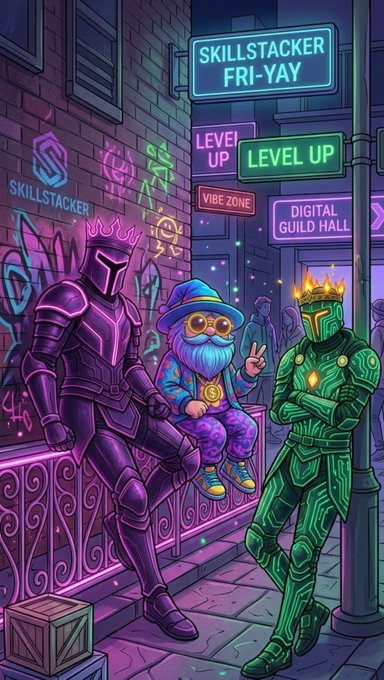 A vibrant, neon-lit digital illustration depicts three characters—a purple knight, a gnome with a dollar sign necklace, and a green armored figure—sitting on a bench under signs reading 'SKILLSTACKER FRI-YAY' and 'LEVEL UP'.