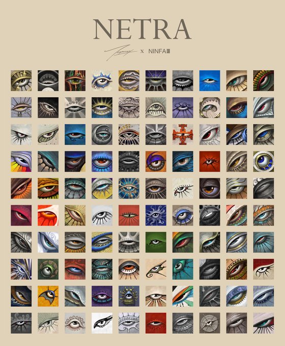 The image is a promotional graphic titled "NETRA" (a collaboration between Jayesh and NINFA), featuring a vibrant grid of 100 stylized, colorful eye illustrations arranged in a 10x10 layout. The word "NETRA," which means "eye" in Sanskrit, is fittingly represented by the diverse collection of artistic eye designs displayed below the title.