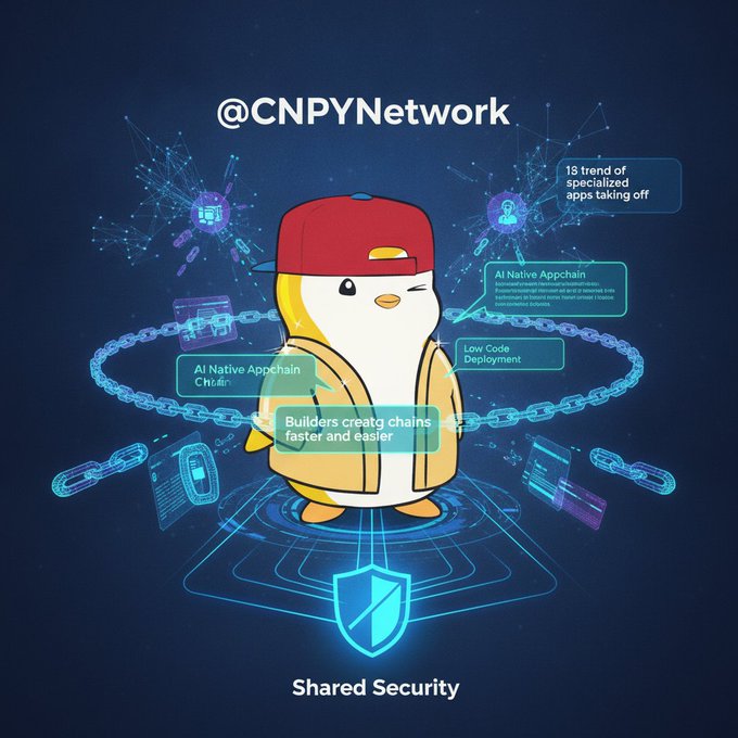 A promotional graphic for @CNPYNetwork featuring a cartoon penguin mascot surrounded by tech-themed graphics, with callouts including '15 trend of specialized apps taking off', 'AI Native Appchain', 'Low Code Deployment', 'Builders creating chains faster and easier', and 'Shared Security'.
