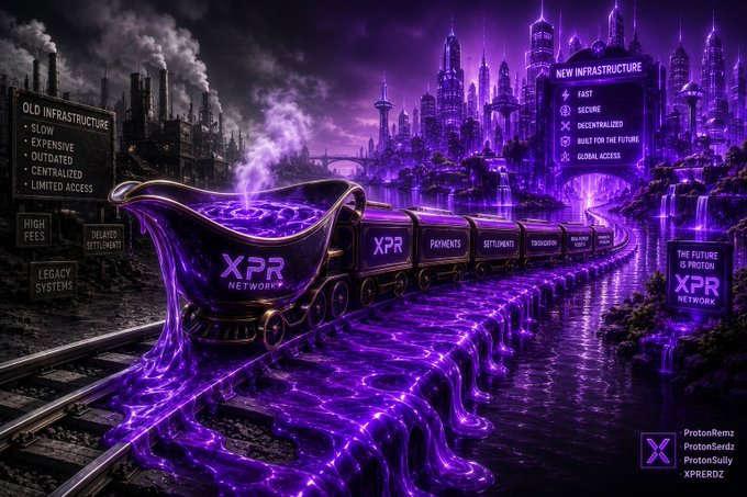 The image depicts a surreal purple landscape where a glowing liquid-filled gravy boat labeled "XPR Network" rides on train tracks, transitioning from a dark, polluting "Old Infrastructure" cityscape on the left to a vibrant futuristic "New Infrastructure" skyline on the right, with train cars labeled "XPR Payments, Settlements, Transfers." This visual metaphor directly supports the post's message about shifting from outdated legacy finance systems to the advanced, next-generation XPR Network infrastructure, symbolizing an imminent transformation in financial technology.