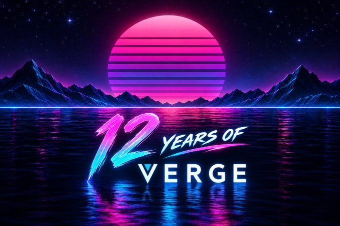 A synthwave-style retro graphic featuring a pink and purple striped sun setting behind neon mountains over water, with text reading '12 YEARS OF VERGE.'