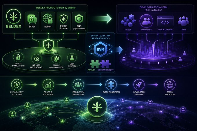 A Beldex ecosystem infographic showing products like BChat, BelNet, and Beldex Browser connecting to dApps, Developers, and Users with EVM integration.