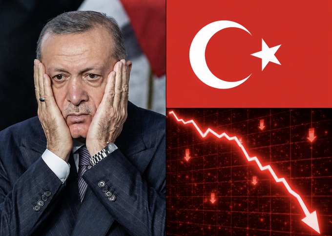 The image is a composite showing a worried-looking Recep Tayyip Erdoğan with his hands on his face alongside the Turkish flag and a sharply declining red chart graph, visually representing Turkey's severe economic crisis marked by a plummeting lira, crashing stocks, soaring inflation, and investor flight.