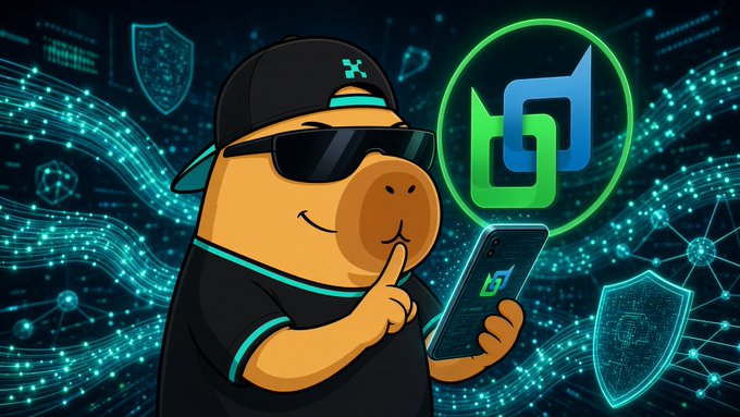 A confident cartoon capybara wearing a black cap and sunglasses holds a smartphone displaying the BChat app logo against a futuristic digital background featuring shields and interconnected networks. The imagery reinforces the post's message about BChat's privacy-focused, no-phone-number-required messaging approach, with the capybara's cool, secure posture visually echoing the encrypted, anonymous nature of the service.