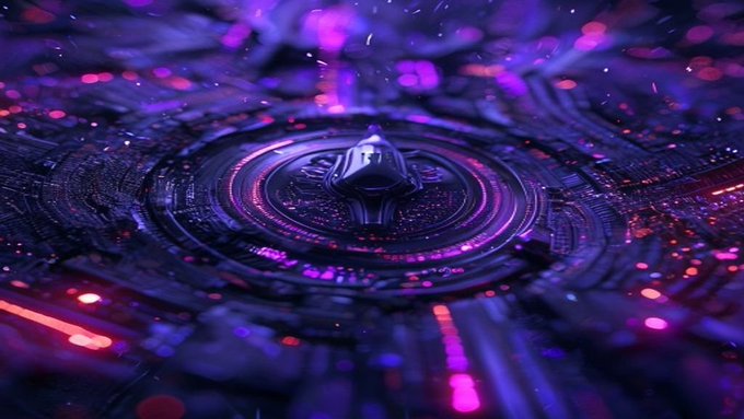 A glowing purple and pink futuristic circuit board features a central chip-like core surrounded by concentric rings of light, symbolizing Monad's high-performance EVM-compatible blockchain processing power at 10,000 transactions per second.