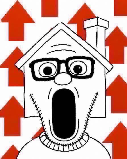 A shocked cartoon house character with glasses, a gaping mouth, and stitched details is set against a backdrop of bold red upward-pointing arrows, visually conveying a dramatic surge or spike—fittingly capturing the "gchill" reaction to a sudden upward move or chilling market moment.