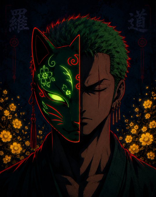 A digital illustration of a man with half his face covered by a glowing green fox mask, set against a dark background with yellow flowers and Japanese characters for 'Demon' and 'Way'.