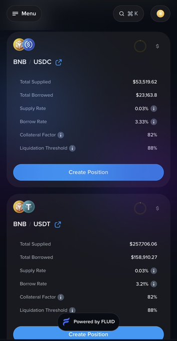 A mobile cryptocurrency interface showing lending and borrowing positions for BNB/USDC and BNB/USDT pairs, with a 'Powered by FLUID' banner at the bottom.