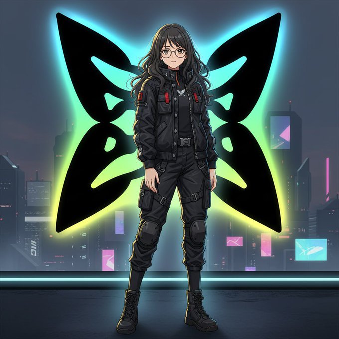 The image features a woman dressed in black clothing with glasses standing against a backdrop of neon lights and city buildings. The scene appears to be set in an urban environment, possibly at night or during a festival. The woman's attire suggests that she is attending a special event or gathering, as her outfit contrasts with the surrounding darkness.