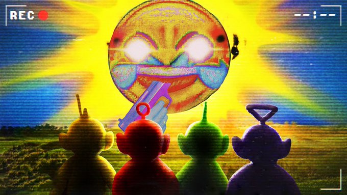 !!!STOP!!! is displayed on a yellow sun, with four cartoon characters - two green and two red - standing behind it against a blue sky backdrop.