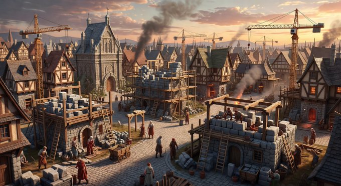 A digital illustration depicts a bustling medieval European town with half-timbered houses, stone construction, construction cranes, and people working on buildings under a sunset sky.