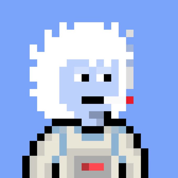 A pixel art portrait of a blue-skinned character with wild white hair, wearing overalls, displayed against a light blue background—styled like a Nakamigos NFT profile picture created by artist @MillsxArt.
