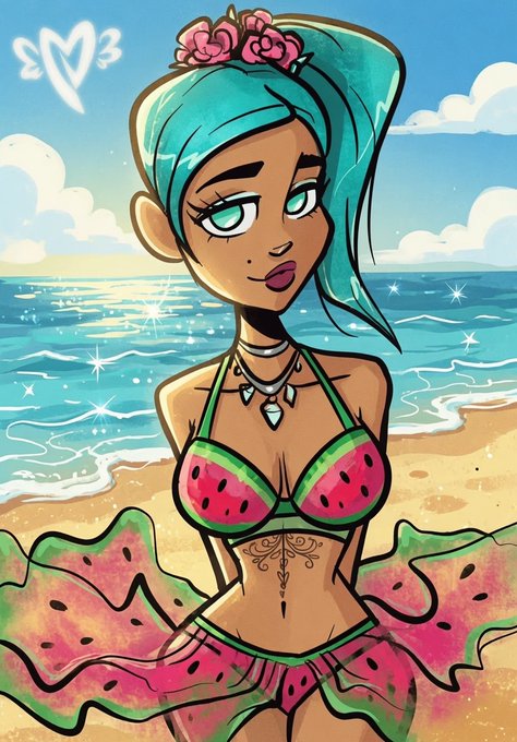 An anime-style illustration features a teal-haired woman wearing a watermelon-themed bikini and skirt on a beach.