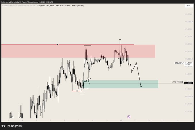 The image shows a TradingView chart of BTCUSDT Perpetual Swap Contract on a 4-hour timeframe, displaying price action around $64,895 with a red resistance zone near $65,250-65,400 and a green "LEVEL TO HOLD" zone marked at $64,150. The annotated chart illustrates the poster's short trade setup, where BTC tapped the 65.4K swing liquidity as predicted before rotating downward, with an arrow pointing to a projected target near the 64K support level.