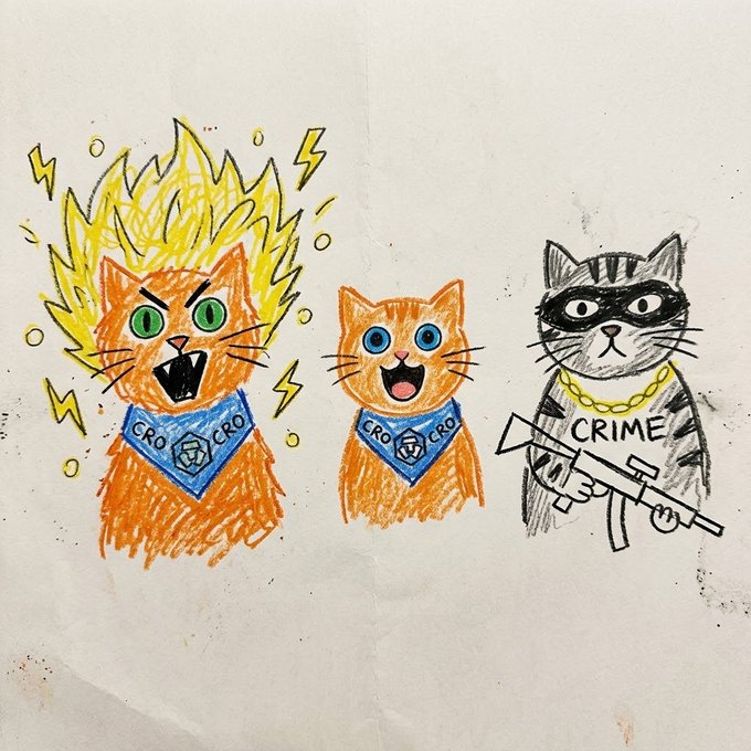 A hand-drawn illustration features three cartoon cats: two orange tabbies wearing 'CRO' bandanas (one appearing Super Saiyan with yellow flames) and a gray striped cat wearing a 'CRIME' bandana while holding a rifle.