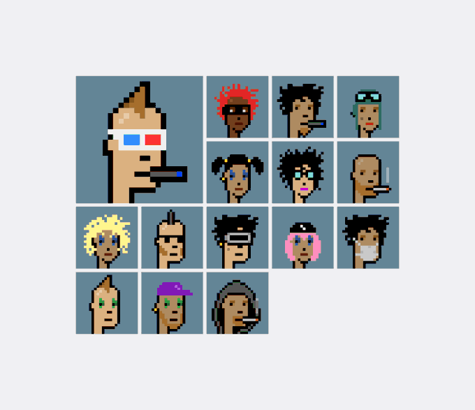 A pixelated character selection screen featuring various unique avatars, including one with a mohawk and 3D glasses in the highlighted larger panel, represents CryptoPunk #7173 from the NFT collection that was acquired for Ξ88.88 ($158,423).