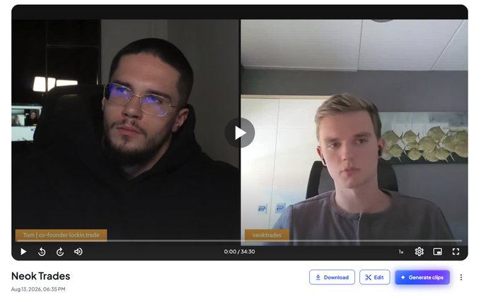 A YouTube video screenshot titled 'Neek Trades' featuring a video call between 'Tom | co-founder lockin.trade' and 'neoktrades'.