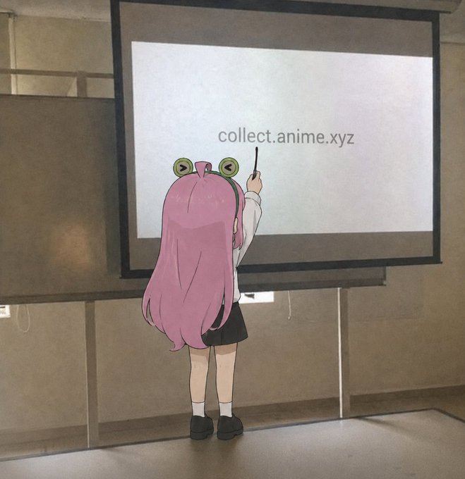 An anime-style illustration of a pink-haired girl with frog-themed hair accessories pointing at a projection screen that displays 'collect.anime.xyz'.
