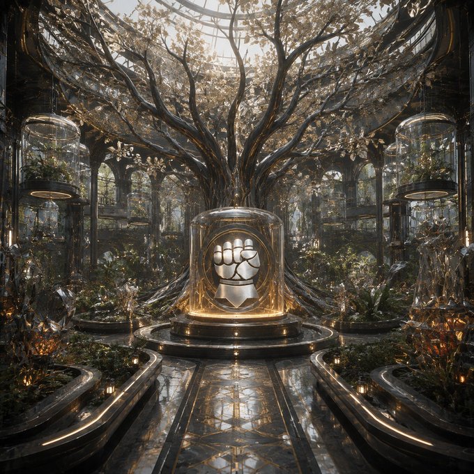 A fantasy-style digital artwork featuring a large, intricate tree with a glowing glass dome at its base displaying a fist emblem, set within an ornate, symmetrical architectural interior.