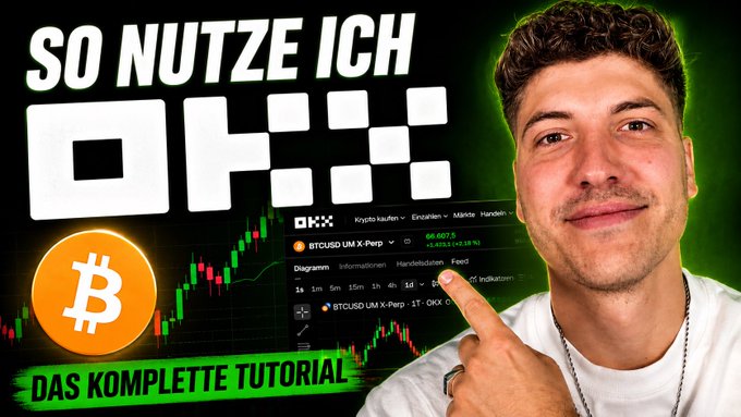 The image shows a man pointing at an OKX trading interface displaying BTC/USD perpetual futures charts, with German text reading "SO NUTZE ICH OKX - DAS KOMPLETTE TUTORIAL" alongside a Bitcoin logo. This thumbnail directly promotes the comprehensive OKX tutorial, visually highlighting key topics like futures trading and Bitcoin that are covered in the guide.