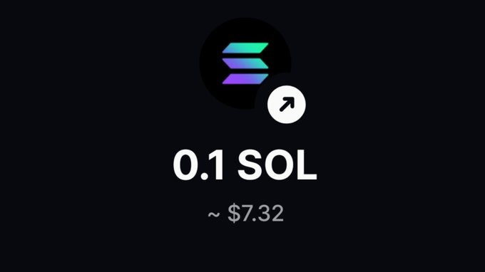 A digital wallet display showing a Solana (SOL) logo with '0.1 SOL' and an approximate value of '~$7.32' with an external link arrow icon.