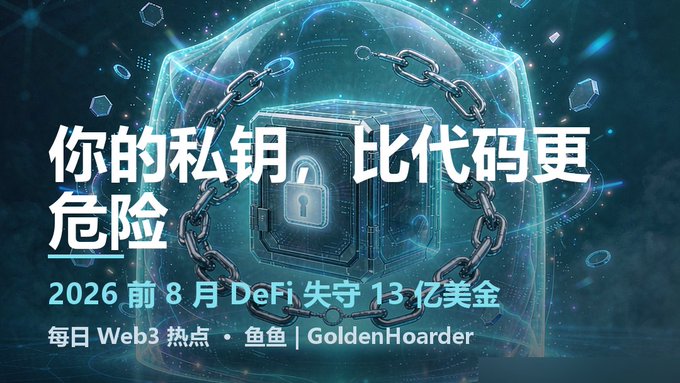 Cryptocurrency/Web3 themed graphic with Chinese text "你的私钥 比代码更危险" (Your private key is more dangerous than code), mentioning "2026 前 8 月 DeFi 失守 13 亿美金" (DeFi lost $1.3 billion in the first 8 months of 2026), branded "GoldenHoarder."