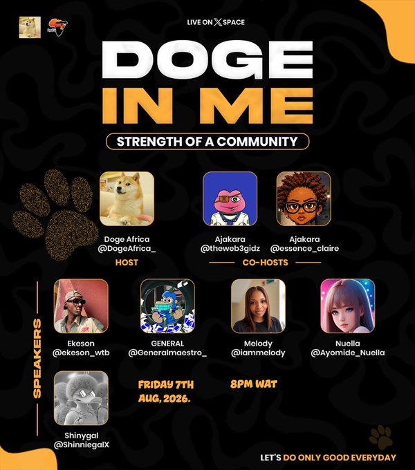 The image is a promotional flyer for a Twitter/X Space titled "DOGE IN ME: STRENGTH OF A COMMUNITY," featuring hosts Doga Africa (@DogaAfrica_) and Ajakara (@theweb3gidz), co-host Ajakara (@essence_claire), and speakers Ekoson (@ekeson_wtb), GENERAL (@Generalmaestro_), Melody (@iammelody), Nuella (@Ayomide_Nuella), and Shinygal (@ShinniegaiX), scheduled for Friday, August 7th, 2026, at 8 PM WAT. The graphic aligns with the post's invitation to explore the strength of the Doge community through this live discussion.