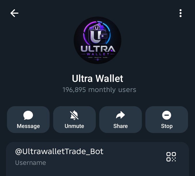 A Telegram voice chat interface for the 'Ultra Wallet' group with 196,895 monthly users, showing controls for Message, Unmute, Share, and Stop, with the username @UltrawalletTrade_Bot.