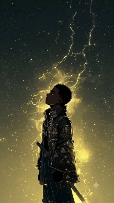 An anime-style illustration of a young Black boy in a dark outfit looking up at a crackling golden lightning storm against a starry night sky, holding what appears to be a sword.