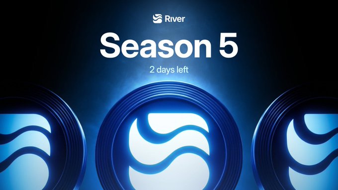 River announces Season 5 with 2 days left until launch. The promotional graphic features the River logo prominently displayed across three illuminated circular emblems against a dark blue background, reinforcing the project's infrastructure-focused brand as it teases its upcoming seasonal event.