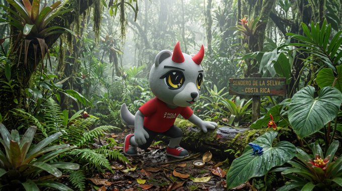 A 3D-rendered chibi-style character resembling a white wolf or cat with red horns, wearing a red shirt, crouching in a lush jungle environment with a sign reading "Sendero de la Selva - Costa Rica".