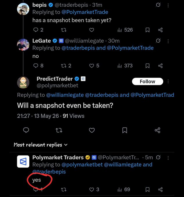 A Twitter/X thread screenshot showing a conversation between users @traderbepis, @williamlegate, and @polymarketbet asking whether a snapshot has been taken, with @PolymarketTraders circling "yes" in red—suggesting Polymarket quietly captured user data snapshots while users were engaged in airdrop farming activity.