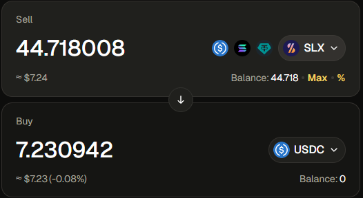 Cryptocurrency exchange interface showing a swap of 44.718008 SLX (~$724) to 7.230942 USDC (~$723).