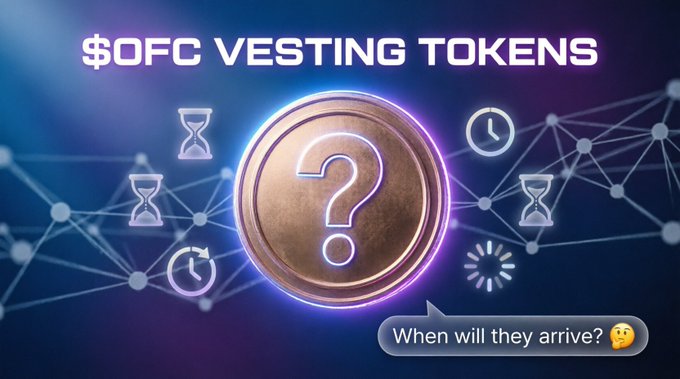 The image shows "$OFC VESTING TOKENS" text above a glowing coin with a question mark, surrounded by hourglass and clock icons, alongside the caption "When will they arrive? 🤔" — visually representing the community's uncertainty and waiting for the arrival of their $OFC vested tokens.