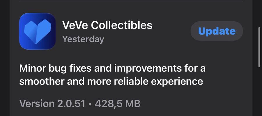 An App Store update notification for VeVe Collectibles (Version 2.0.51, 428.5 MB) from yesterday, describing minor bug fixes and improvements.