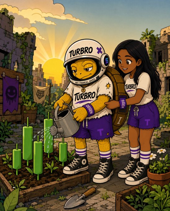 An illustration of a yellow turtle-like character wearing a 'TURBRO' helmet and a girl in matching 'TURBRO' apparel watering plants in a post-apocalyptic garden setting.