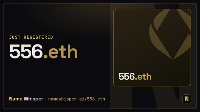 The image displays a "Just Registered" notification card from Name Whisper (namewhisper.ai/556.eth), announcing the registration of the ENS domain "556.eth" against a dark gold and black background, with a large stylized logo on the right side. The accompanying post confirms the registration of 556.eth through the NameWhisper_AI platform, aligning with the image's content.