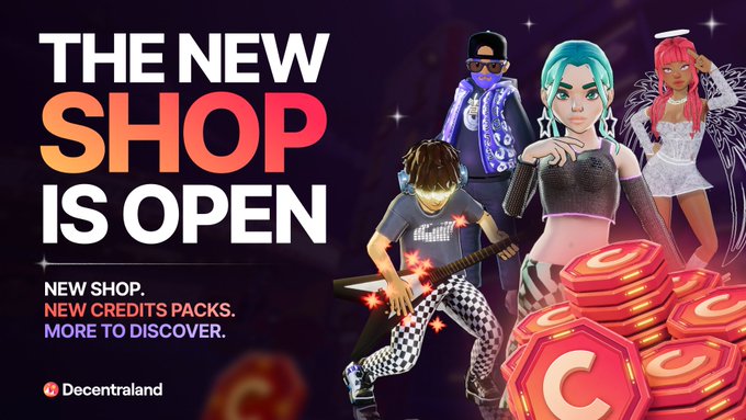A promotional banner for Decentraland announces "THE NEW SHOP IS OPEN," featuring four stylized avatars—including a guitarist and characters in fashionable attire—alongside stacks of red credits coins. The text highlights "NEW SHOP. NEW CREDITS PACKS. MORE TO DISCOVER." and the Decentraland logo, visually promoting the platform's refreshed shopping experience where users can purchase Creator-made Wearables, Emotes, and Credit packs to customize their in-world avatars.