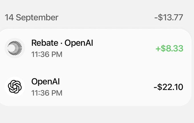 Transaction history showing an OpenAI charge of -$22.10 offset by an OpenAI Rebate of +$8.33 on 14 September, resulting in a net charge of -$13.77.