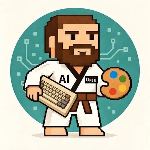A pixel-art bearded man in a white karate gi labeled 'AI 0xjjj' holds a retro keyboard and a colorful artist's palette against a teal background with circuit patterns.
