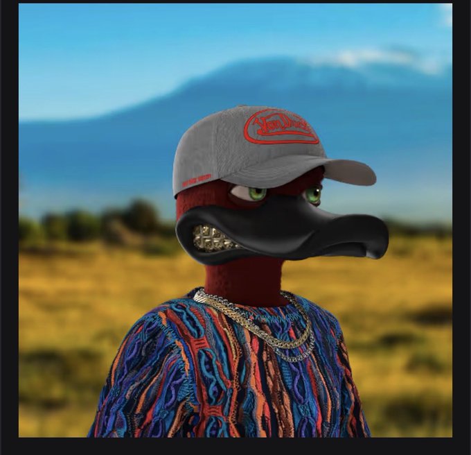 A 3D-rendered character resembling a duck with green eyes and metallic teeth wears a gray "Yellow" cap and a colorful patterned shirt with a gold chain, set against a blurred landscape featuring a mountain. The image visually represents the post by showcasing a unique, stylized NFT character being minted to a digital "flock," reflecting the theme of building a collection with conviction.
