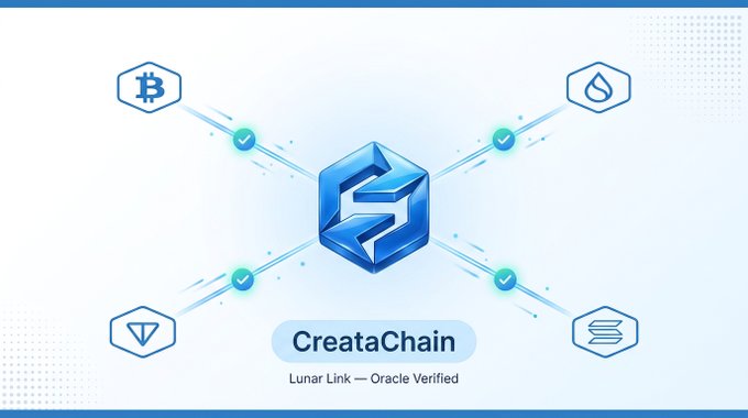 The image displays a central blue hexagonal CreataChain logo connected to four network icons (Bitcoin, Sui, TON, and Solana) via checkmark-verified links, illustrating how Lunar Link's oracle-based cross-chain verification relays confirmed transfer data between these blockchain networks.