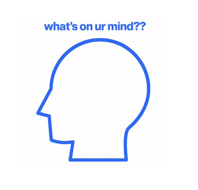 A simple blue outline of a human head in profile appears below the text "what's on ur mind??", visually echoing the post's question about thoughts and contemplation.
